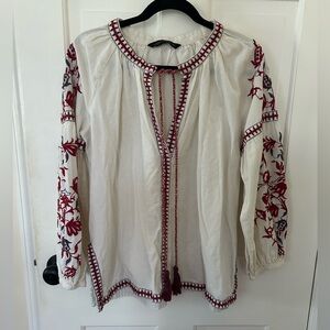 ZARA IVORY RED EMBROIDERED PEASANT TUNIC BLOUSE WITH TASSLES SIZE SMALL